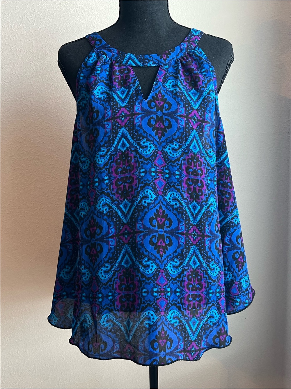 Express Blue and Purple Patterned Flowy Sleeveless Halter Blouse